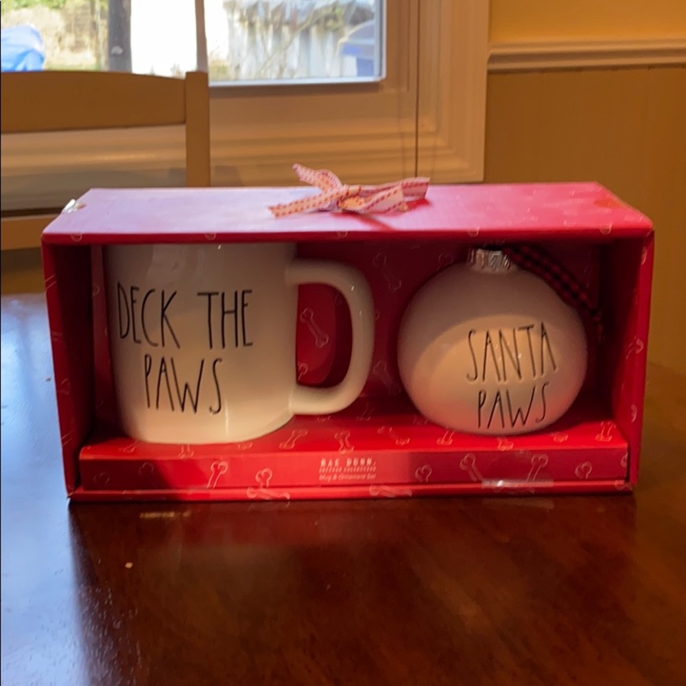 Rae Dunn deck the paws mug Santa paws ornament